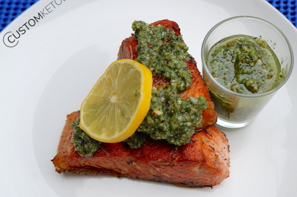 Keto Salmon with Chunky Basil Pesto