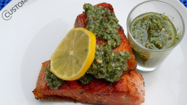 Keto Salmon with Chunky Basil Pesto