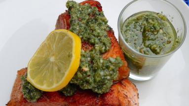 Keto Salmon with Chunky Basil Pesto